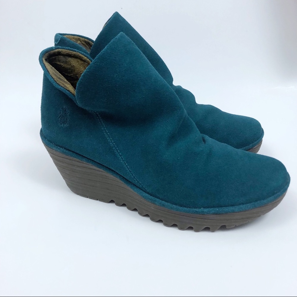 Fly London Teal Suede Wedge Ankle Booties